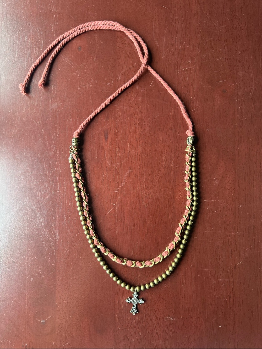 Antique Style Beaded Cross Necklace Hand Crafted Woven Chain Boho Vibes